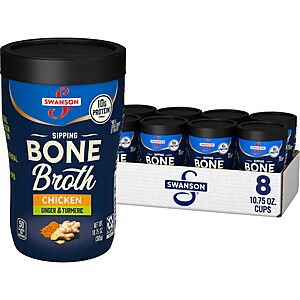 11.75 S&S Clip Q Swanson Sipping Chicken Bone Broth With Ginger and Turmeric,10.75 oz Microwavable Cup (8 Pack