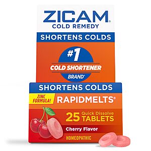 Zicam Cold Remedy Zinc Rapidmelts, Cherry and other Flavors, Homeopathic, Cold Shortening Medicine, Shortens Cold Duration, 25 Count $6.44 a/Clip Q and S&S ymmv on Q