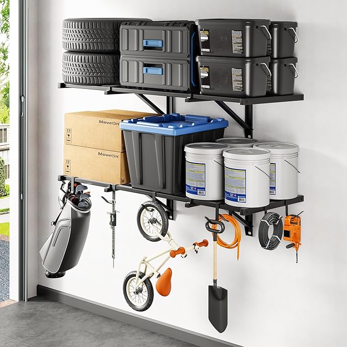FLEXIMOUNTS 2-Pack Heavy Duty Garage Wall Shelving w/ 8 Hooks